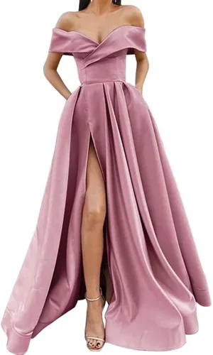 Vista 5 de SoDigne Vestidos de graduación con hombros descubiertos y abertura larga para mujer, vestido de fiesta de noche formal de satén con bolsillos