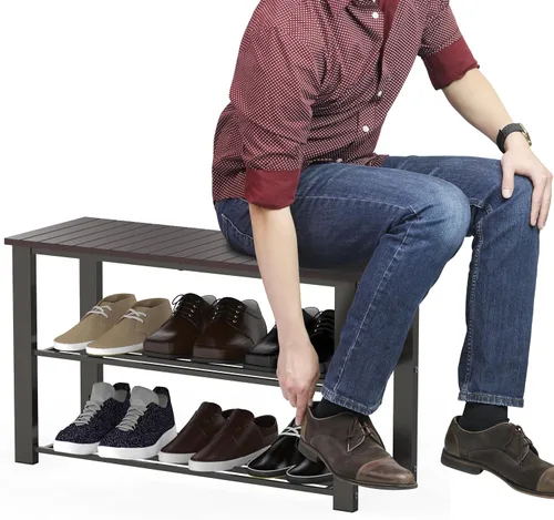 Vista 4 de Simple Houseware - Zapatero de madera para entrada, color marrón oscuro 29"W 2-Tier Shoe Storage Organizer, Holds Up to 250 Lb, for Entryway
