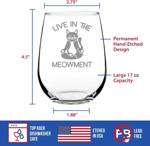 Vista 4 de Custom Live In The Meowment - Personalized Stemless Wine Glass - Funny Cat Gifts and Meditation Themed Decor - Large 17 Oz Glasses - Customized Wine