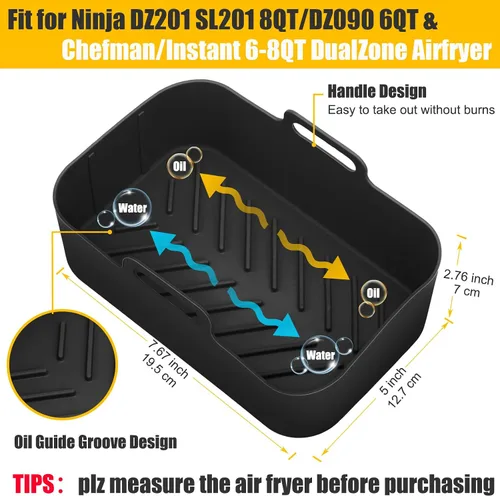 Vista 2 de 2 piezas de forros de silicona para freidora de aire rectangular para Ninja Foodi Dual DZ201 8QT/DZ090 6QT, MMH accesorios reutilizables