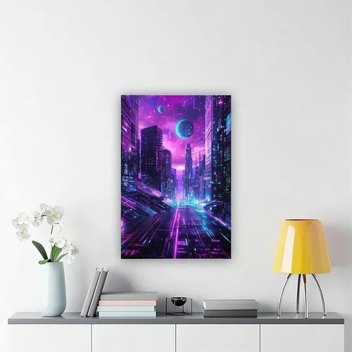 Vista 6 de Futuristic Neon City Wall Art – Synthwave Aesthetic Poster with Grid & Planet Elements Modern Wall Prints Abstract Geometric Minimalist Art Framed