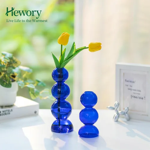 Vista 2 de Jarrones de Burbujas de Vidrio para Flores, Hewory 2 piezas Jarrones Únicos Azules Lindos para Flores Individuales para Centros de Mesa, Jarrón