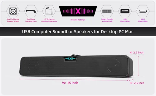 Vista 2 de Altavoces de barra de sonido de computadora para PC de escritorio, Mac, enchufe USB, con cable, altavoces externos para monitor de escritorio