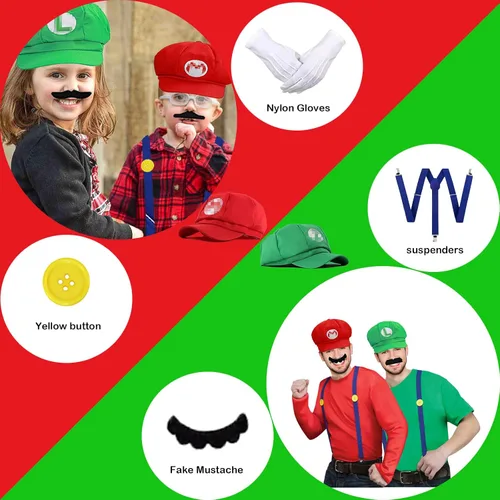 Vista 2 de PUVKVE Super Brothers - Sombrero de fontanero para niños y adultos, disfraz de Bros Gorras Videojuego Maleo Juego de rol Cosplay Halloween