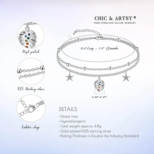 Vista 59 de CHIC & ARTSY Tobilleras delicadas de plata de ley S925 para verano, pulsera de tobillo ajustable multicapa para playa, joyería de pie para mujer