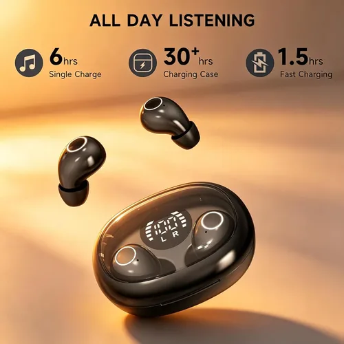 Vista 6 de Mini auriculares inalámbricos Bluetooth con pantalla LED, auriculares para dormir intrauditivos con tapas de silicona suave, funda de carga Negro