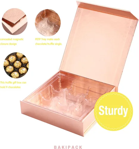 Vista 6 de BAKIPACK Juego de 6 cajas de regalo de trufa de oro rosa con bandeja de plástico de 9 piezas, cierre magnético, 5.7 x 5.7 x 1.3 pulgadas