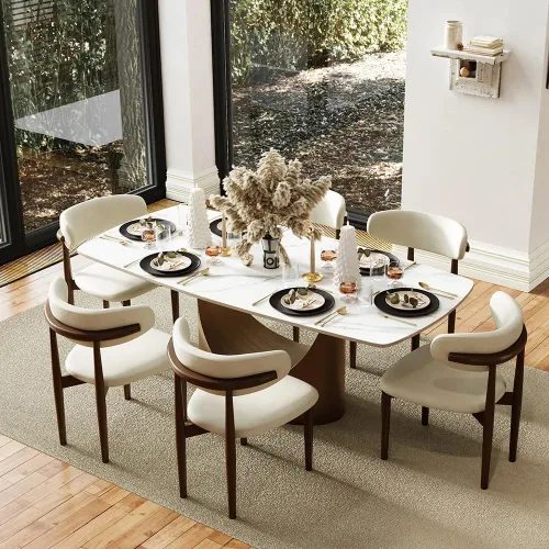 Vista 22 de POVISON Juego de mesa de comedor para 4, mesa rectangular negra de piedra sinterizada mate de 63 pulgadas con base de acero al carbono bronce, silla