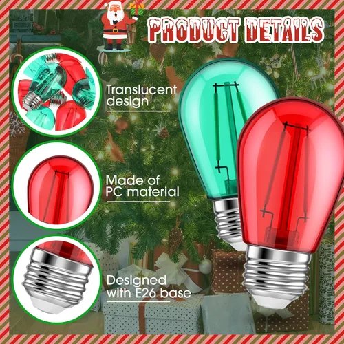 Vista 3 de 25 unidades de bombillas LED S14 rojas y verdes de 2W con base E26, bombillas de Navidad de colores rojo y verde, bombillas de cadena