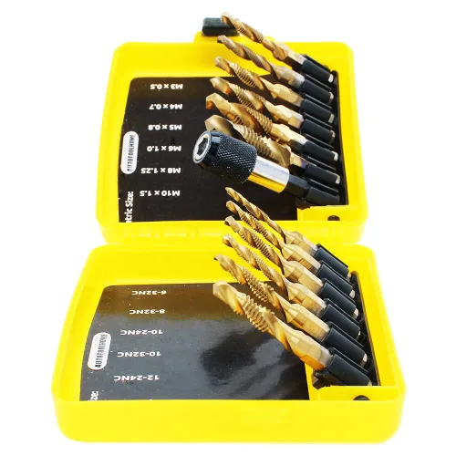 Vista 7 de Juego de brocas combinadas de titanio, 13 piezas, SAE y métricas, kit de brocas para roscas de tornillo, roscado, desbarbado, avellanado