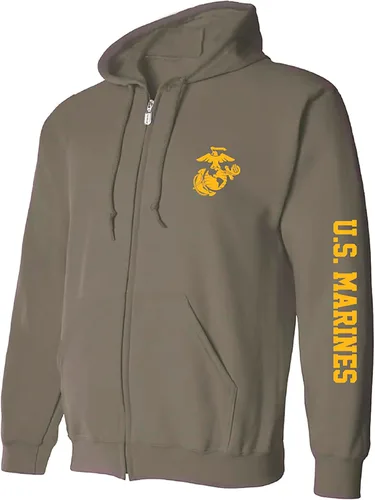 Vista 4 de zerogravitee Sudadera con capucha y cremallera completa con estampado de manga dorada de los Marines Verde(Military Green)