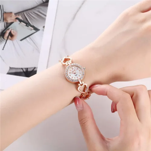 Vista 3 de Reloj con incrustaciones de diamantes de aleación para mujer, con forma de corazón, relojes de vestir, relojes de pulsera de cuarzo para mujer