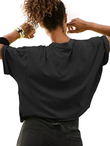 Vista 2 de ELGOGY Camisetas cortas de entrenamiento de gran tamaño para mujer, manga corta, cuello redondo, hombros caídos, cuadradas, de verano, casuales