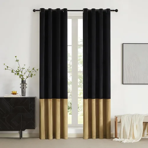 Vista 4 de BULBUL Cortinas de terciopelo 100% opacas negro oro, cortinas modernas con forro de 63 pulgadas de largo, cortinas térmicas con ojales para sala