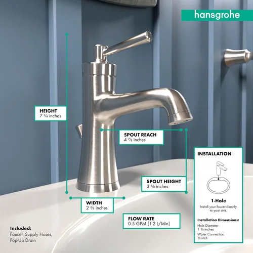 Vista 4 de hansgrohe Joleena 04773820 - Grifo de fregadero de baño de transicional de 1 manija de 1 8 pulgadas de alto en níquel cepillado, 04773820