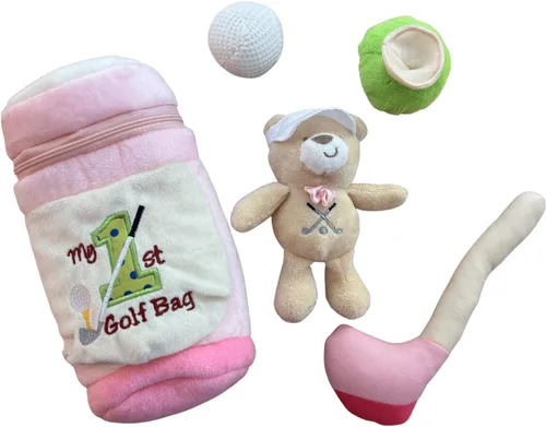 Vista 8 de Genius Baby Toys My First - Juego de juguetes para bebé, 5 piezas de felpa suave con palo de golf, pelota, camiseta y oso de peluche, para amantes