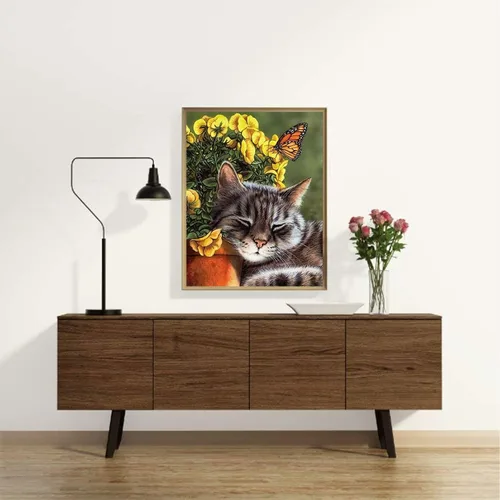 Vista 4 de KEOOID Kits de pintura de diamantes de flores para adultos, niños y principiantes, arte redondo con gemas de gato y mariposa con diamantes 5D
