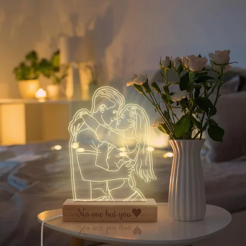 Vista 5 de Luz nocturna de ilusión 3D personalizada, lámpara de nombre personalizada, placa de luz acrílica con corazón LED, soporte grabado de madera