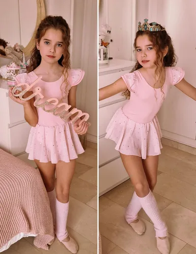 Vista 4 de Zaclotre Leotardo de ballet de manga con volantes y falda para niñas con espalda cruzada