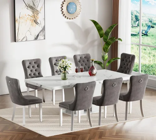Vista 40 de Henf Juego de mesa de comedor extensible de 78 pulgadas para 6 mesas rectangulares de madera de 7 piezas con 6 sillas tapizadas de terciopelo, mesa