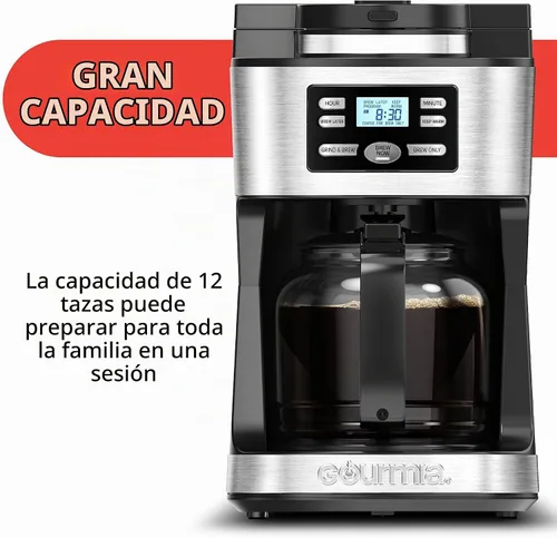 Vista 4 de Gourmia Máquina de café digital 12Cup FullyAutomatic Cafetera grande integrada CoffeeGrinder, olla, filtro de café de malla de acero inoxidable 4
