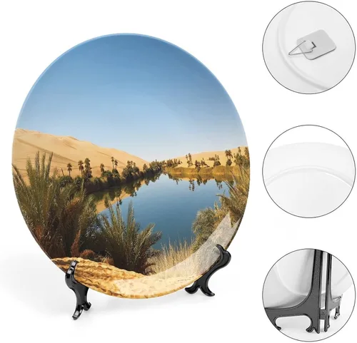 Vista 4 de XISUNYA Plato decorativo de 6 pulgadas, artesanía de cerámica del desierto, Oasis idílico Awbari Sand Sea Sahara Libia Pond Print Ornament Plate