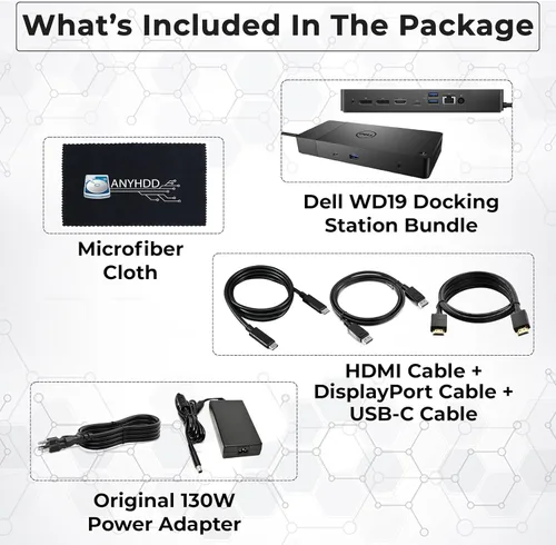 Vista 2 de Paquete de estación de acoplamiento Dell WD19 de 130 W con adaptador de corriente de 130 W + cable HDMI + cable DisplayPort + cable USB-C + paño