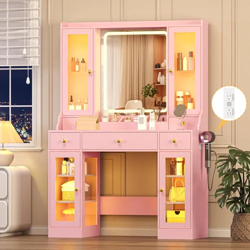 Vista 14 de Wodeer Pequeño escritorio de maquillaje con espejo y luces, tocador con armario de cristal, luces LED y toma de corriente, cajón y gabinetes