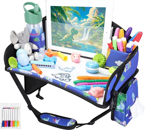 Vista 10 de 2 piezas Bandeja de viaje para niños, bandeja para asiento de coche para niños Viaje, Esenciales de viaje en carretera para niños con kit de dibujo