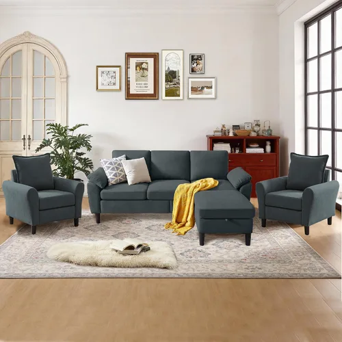Vista 9 de Juego de sofá seccional convertible de 79", sofá moderno pequeño en forma de L de lino con otomana reversible y silla de acento, sofás de 3 asientos