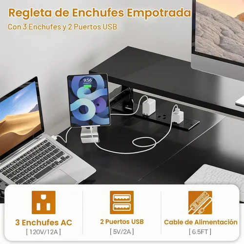 Vista 3 de Aheaplus Escritorio en forma de L con cajón de archivos, escritorio reversible en forma de L para computadora y juegos con toma de corriente