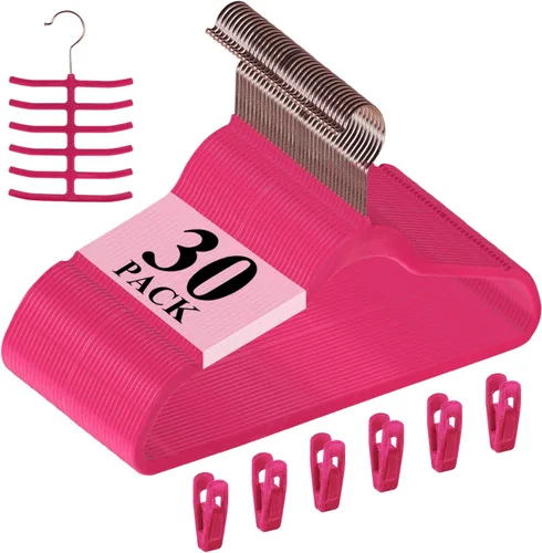 Vista 12 de VECELO Perchas de terciopelo de alta calidad resistentes (paquete de 30), antideslizantes y ahorran espacio con 6 clips para los dedos y soporte