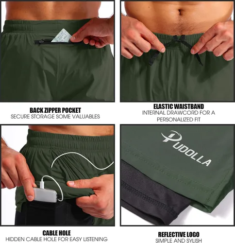 Vista 5 de Pudolla Mens 2 in 1 Running Shorts 7" Quick Dry Gym Athletic Workout Shorts for Men with Phone Pockets