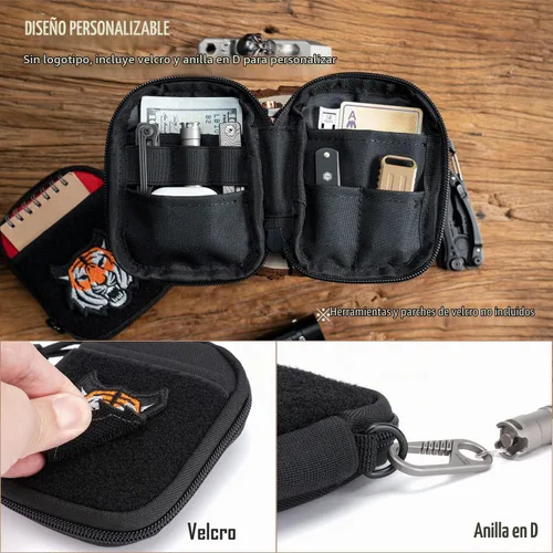 Vista 5 de Sayram Bolsa EDC, organizador de bolsillo, bolsa poderosa para hombres, bolsas EDC con parches, pequeña bolsa de herramientas con anillo en D Negro