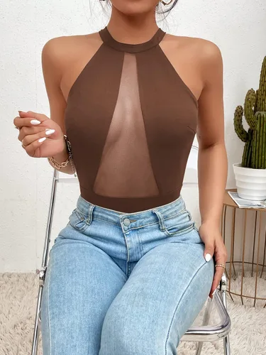 Vista 5 de SweatyRocks Body sin mangas para mujer, cuello redondo, corte alto, de malla, sin mangas