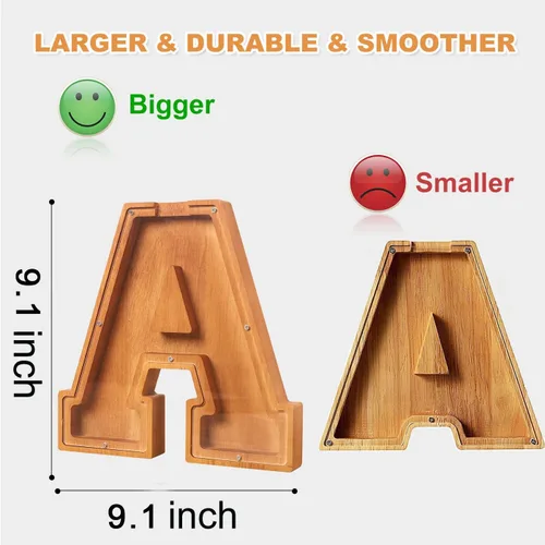 Vista 4 de Alcancía de madera con letras de madera para niños y niñas, banco de dinero grande de 26 letras del alfabeto, con nombre personalizado