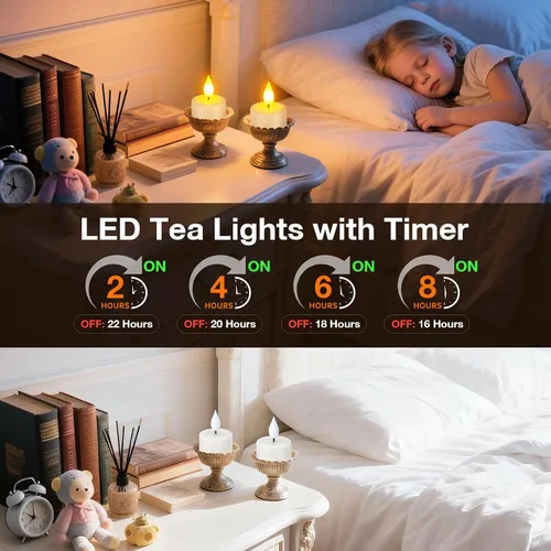 Vista 4 de PChero Paquete de 12 velas recargables sin llama con temporizador remoto, velas de té que funcionan con pilas, velas LED parpadeantes para el hogar
