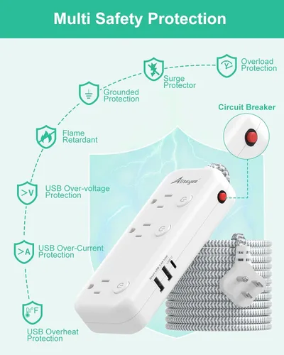 Vista 7 de Protector contra sobretensiones de regleta de alimentación de interruptor individual, 6 tomacorrientes 3 USB, cable de 5 pies Individual