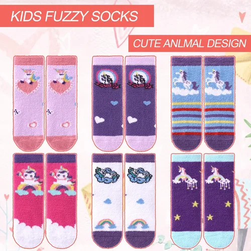 Vista 7 de DYW 6 pares de calcetines antideslizantes para niños y niñas y niños pequeños, con agarre antideslizante de animales, acogedores y esponjosos