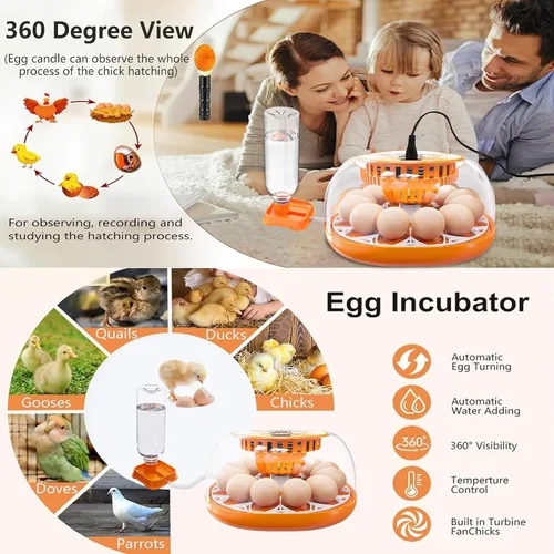 Vista 6 de Incubadora de 12 huevos con giro automático de huevos y control de temperatura, adición automática de agua, vela LED de huevos, incubadoras