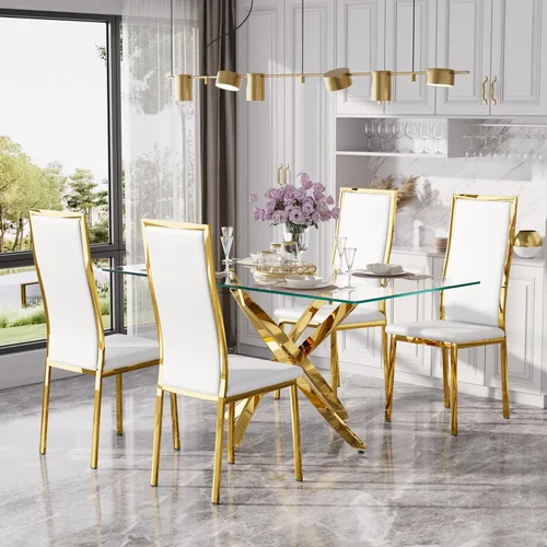 Vista 23 de Juego de mesa de comedor de cristal dorado moderno de 63 pulgadas para 6, juego de mesa de cocina rectangular de 7 piezas con patas de acero Negro