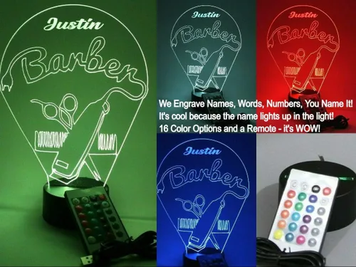 Vista 3 de Barbería peluquería corte peine silla tijeras afeitado hombres noche luz LED grabado personalizado nombre personalizado escritorio lámpara de mesa