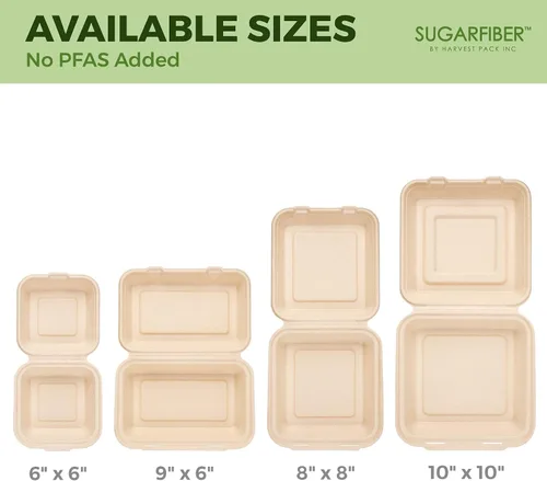 Vista 8 de [500 unidades] Fibra de azúcar por Harvest Pack PFAS FREE 6 x 6 pulgadas compostable Clamshell Recipientes de alimentos, contenedor con bisagras