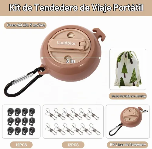 Vista 6 de Tendedero portátil de viaje, línea de ropa de camping de 33 pies con pinzas