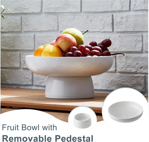 Vista 5 de ONEMORE Frutero de cerámica de 10 pulgadas, tazón grande de pedestal blanco con diseño de patas extraíbles y agujeros de drenaje para encimera