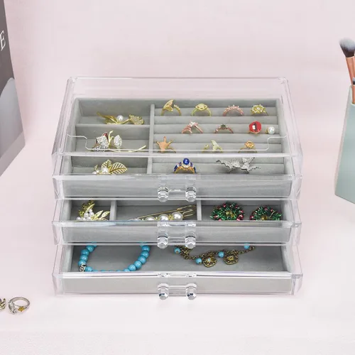 Vista 5 de Joyero acrílico con 3 cajones, organizador de joyas de terciopelo, aretes, anillos, collares, pulseras, vitrina, regalo para mujeres y niñas