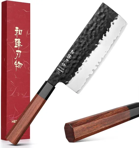 Vista 13 de Juego de cuchillos de cocina 4 piezas, cuchillo de chef de acero revestido Nakiri forjado Santoku, mango octogonal de madera