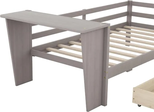 Vista 8 de Anwick Base de cama individual con escritorio y nido, sofá cama de madera con escritorio y estantes en forma de árbol verde, cama de plataforma