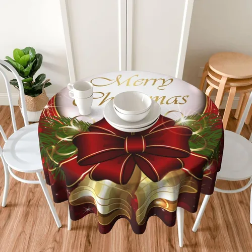 Vista 7 de Mantel redondo de 60 x 60 pulgadas con diseño de campanas de Navidad, de poliéster, resistente a las manchas y a las arrugas, mantel para cocina