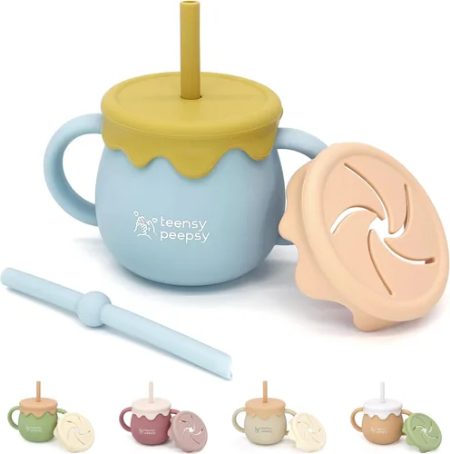 Vista 9 de Tarro de Miel Recipiente 3 en 1 Taza de Entrenamiento de Silicona de 8.5 onzas, Vaso Entrenador para Bebé con Popote y Taza de Snacks para 6 meses+